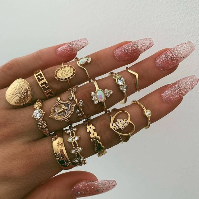 Fashion Crystal Gold color Geometric Knuckle Rings set