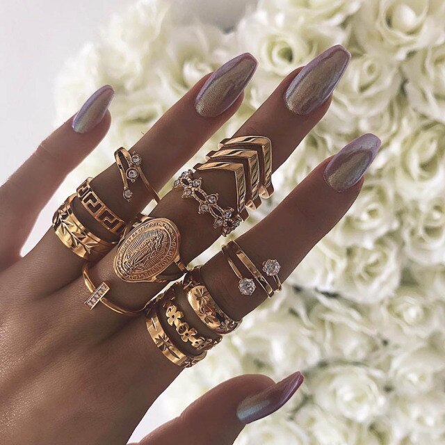 Fashion Crystal Gold color Geometric Knuckle Rings set
