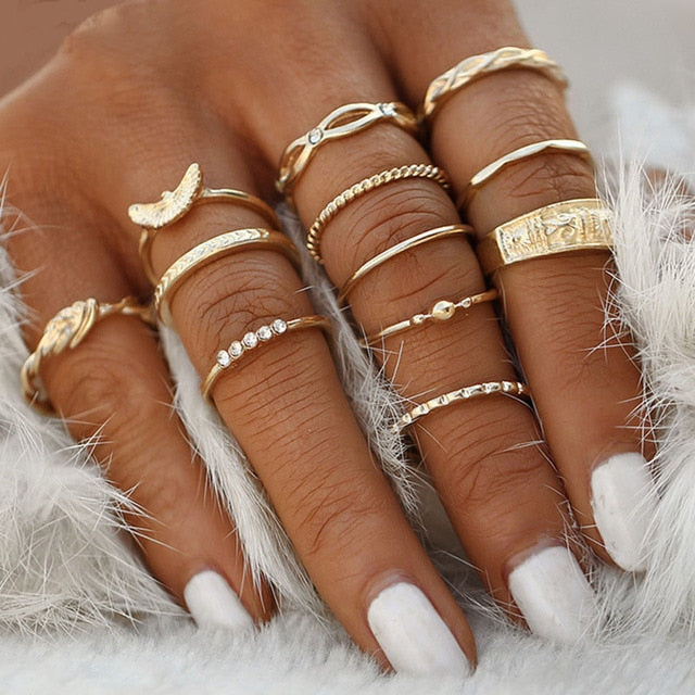 Fashion Crystal Gold color Geometric Knuckle Rings set