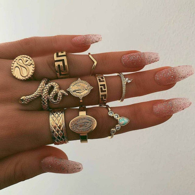Fashion Crystal Gold color Geometric Knuckle Rings set