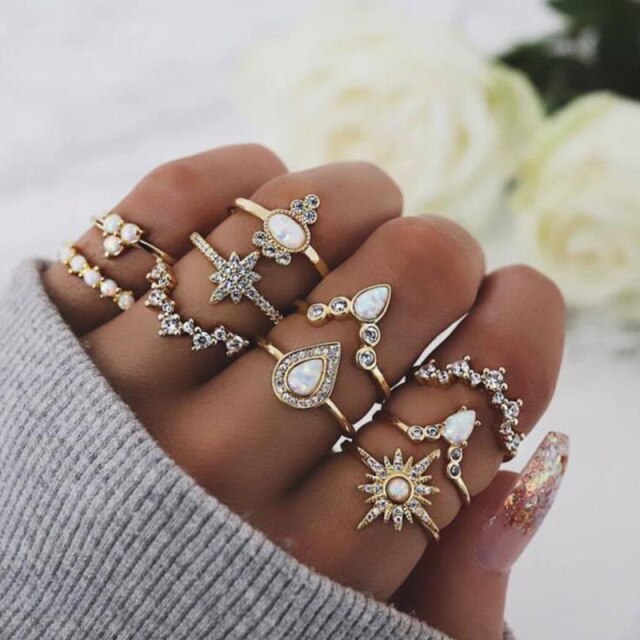 Fashion Crystal Gold color Geometric Knuckle Rings set