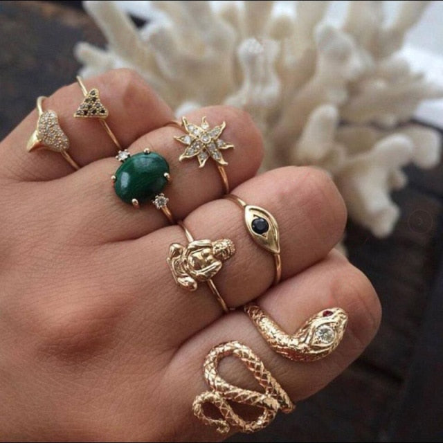 Fashion Crystal Gold color Geometric Knuckle Rings set
