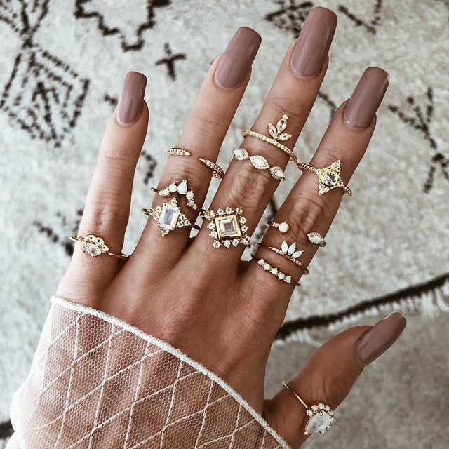 Fashion Crystal Gold color Geometric Knuckle Rings set