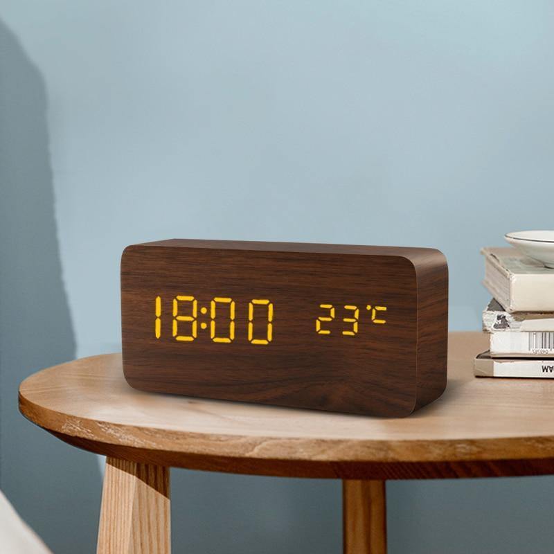 LED Alarm Clock in Wooden Cube Form