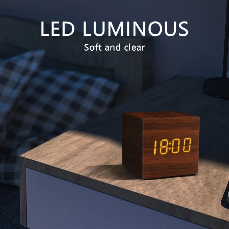 LED alarm clock in wooden cube shape