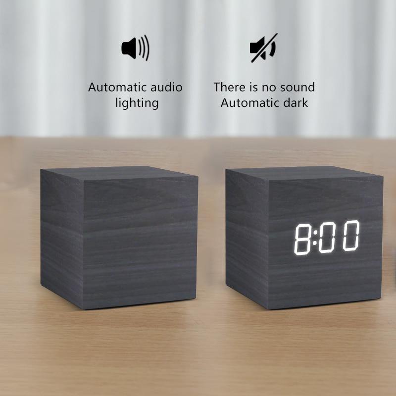 LED alarm clock in wooden cube shape