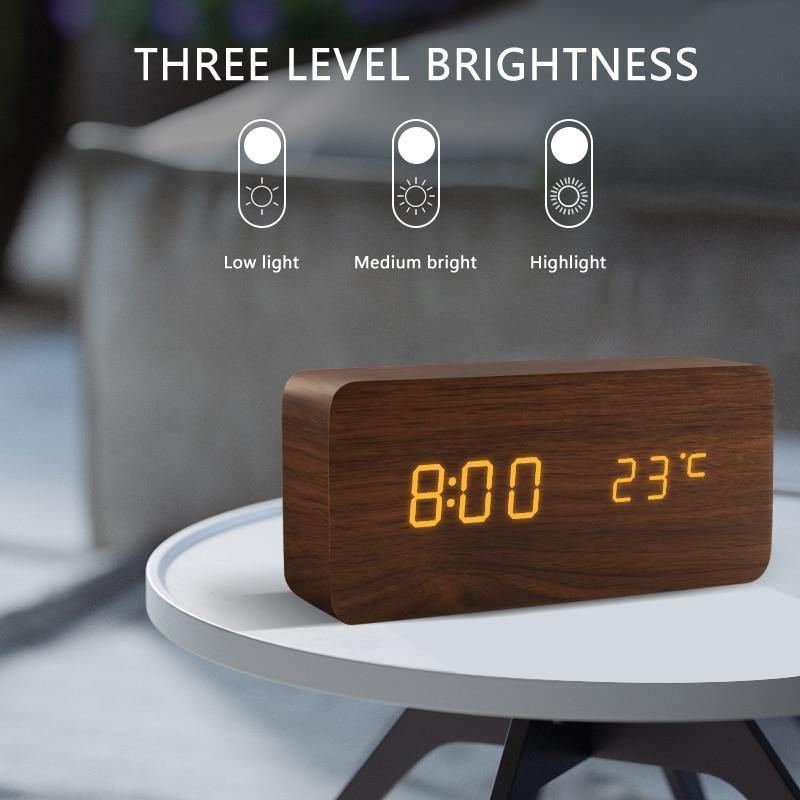 LED alarm clock in wooden cube shape