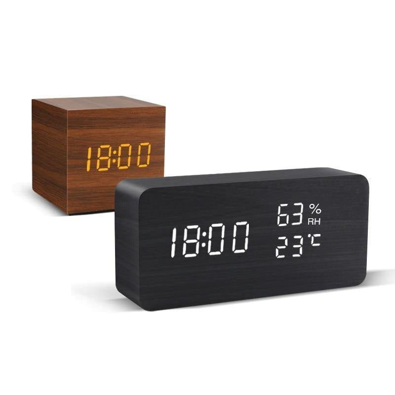 LED Alarm Clock in Wooden Cube Form