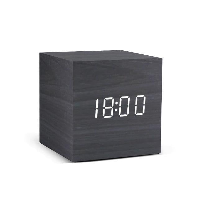 LED alarm clock in wooden cube shape