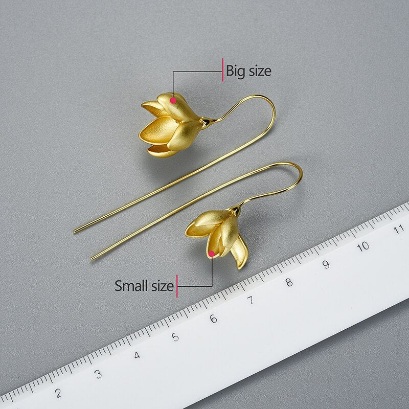 18K Gold Elegant Magnolia Flower Dangle Earrings
