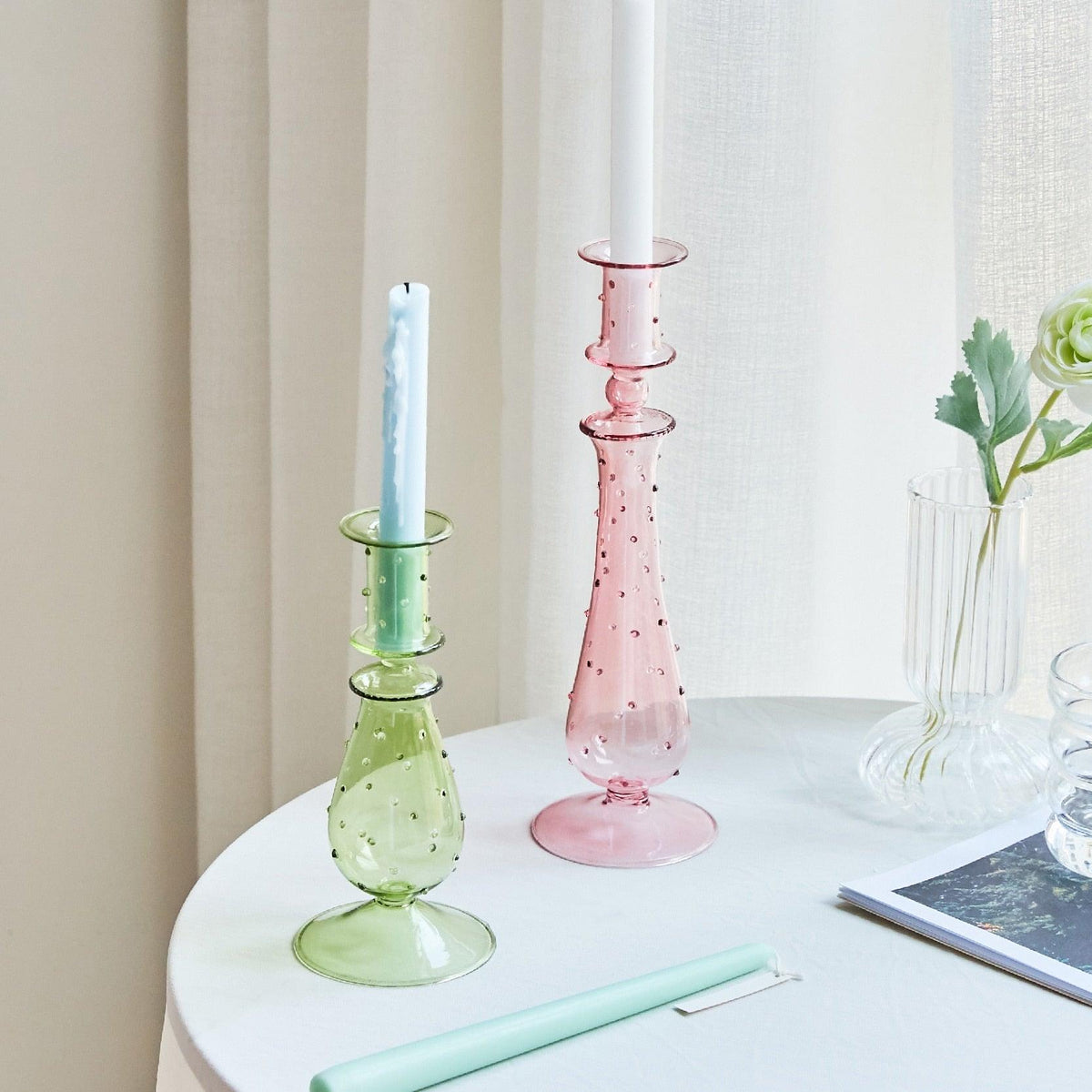 GlowCharm Pastel Glass Candle Holder | Decorative Candle Stands | Elegant Table Decor