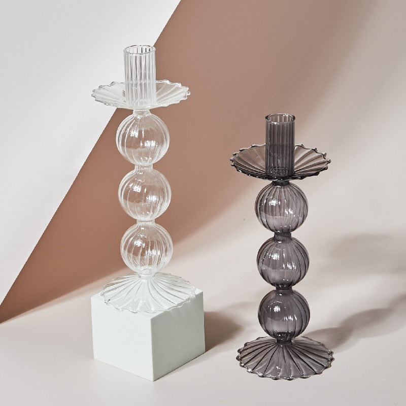 Glass Candle Holder - Lace Tray - Grey, Transparent