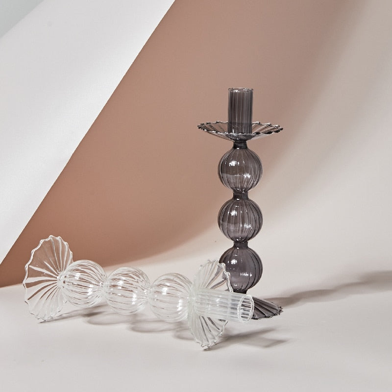 Glass Candle Holder - Lace Tray - Grey, Transparent