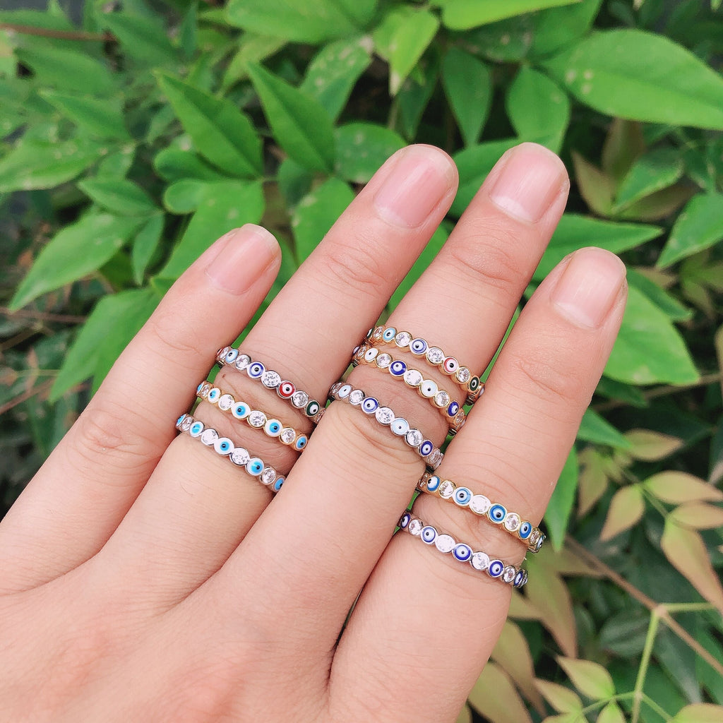 Bohemian Rainbow Evil Eye Rhinestone Filled Gold Rings