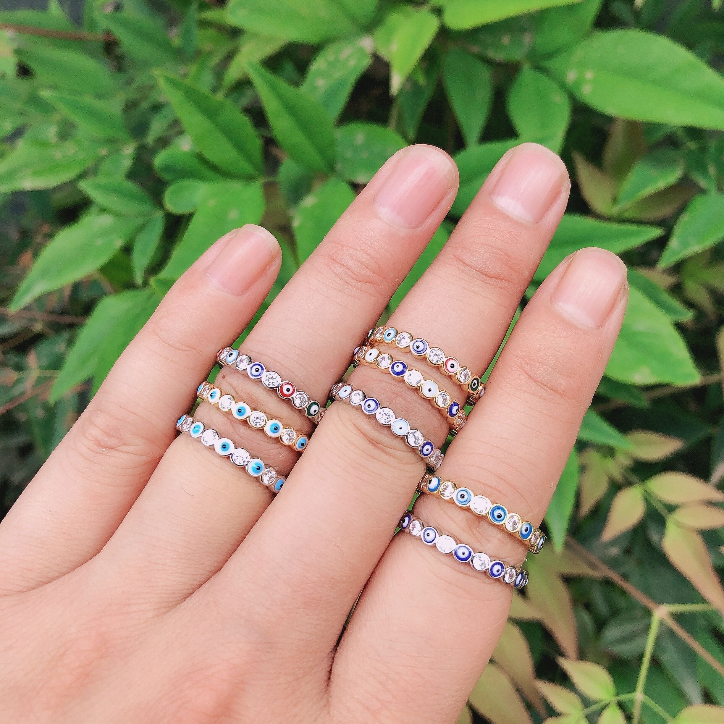 Bohemian Rainbow Evil Eye Rhinestone Filled Gold Rings
