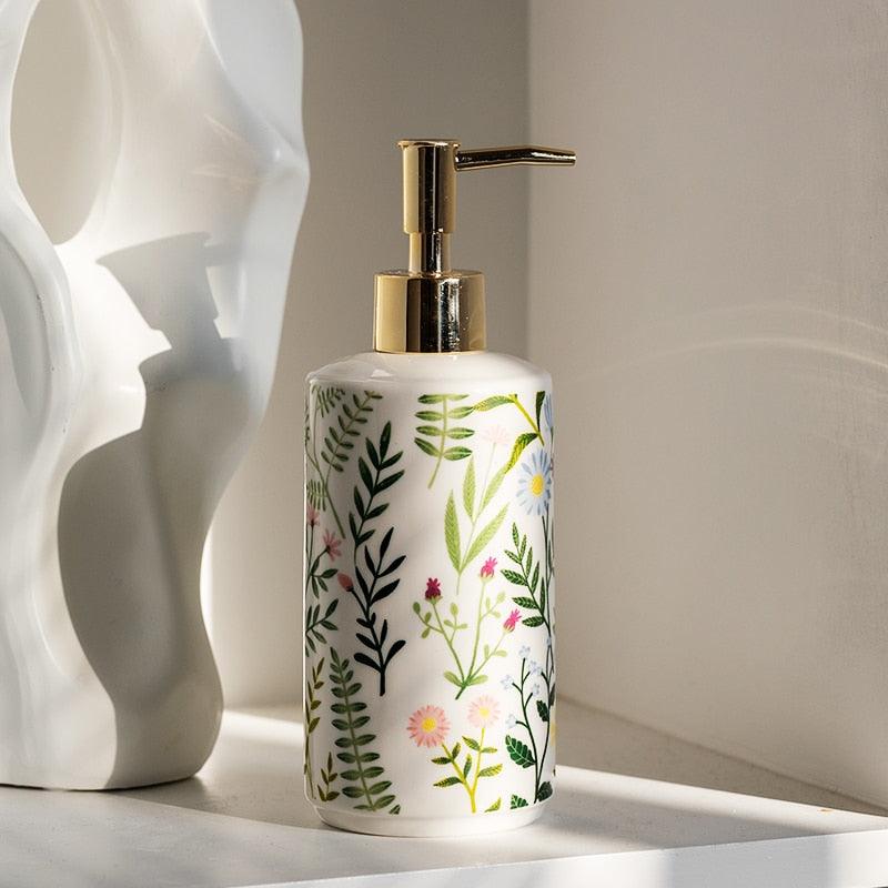 Soap dispenser made of ceramic with floral design