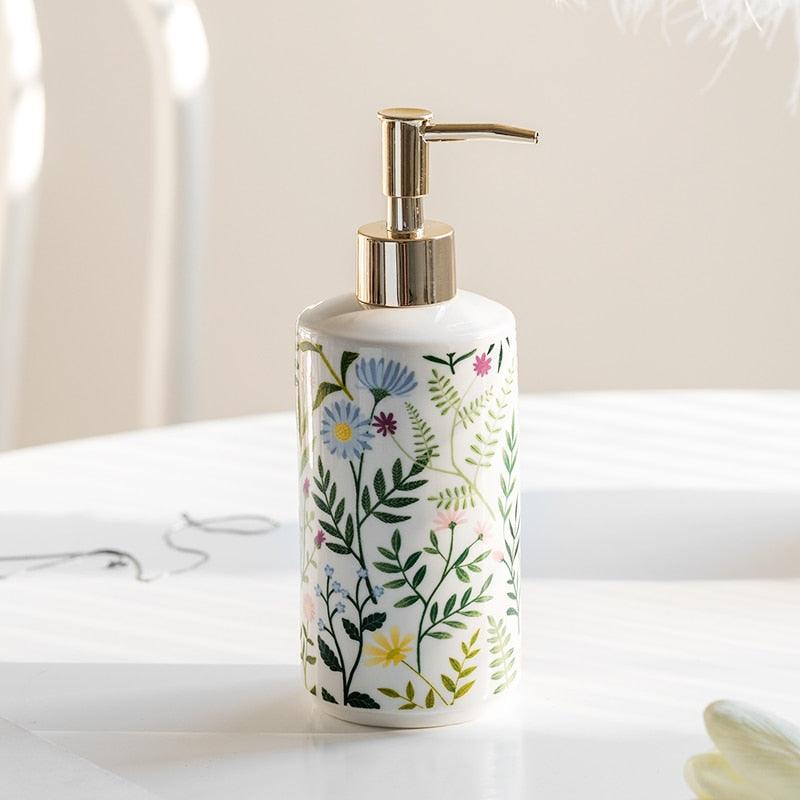 Soap dispenser made of ceramic with floral design