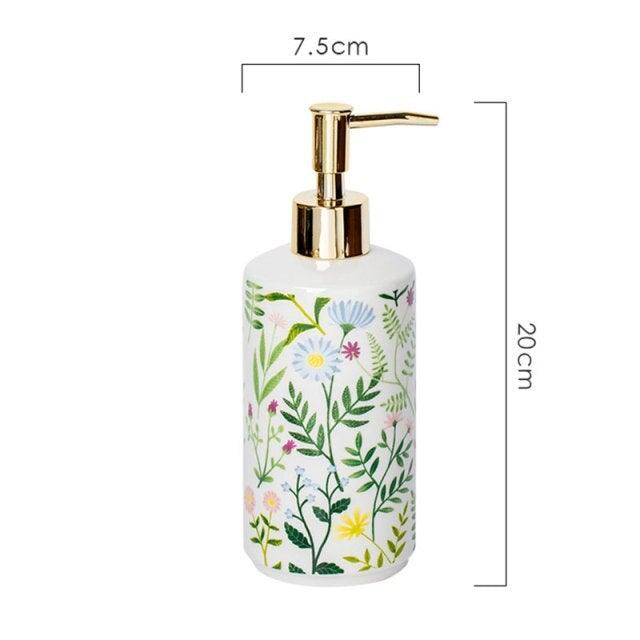 Soap dispenser made of ceramic with floral design