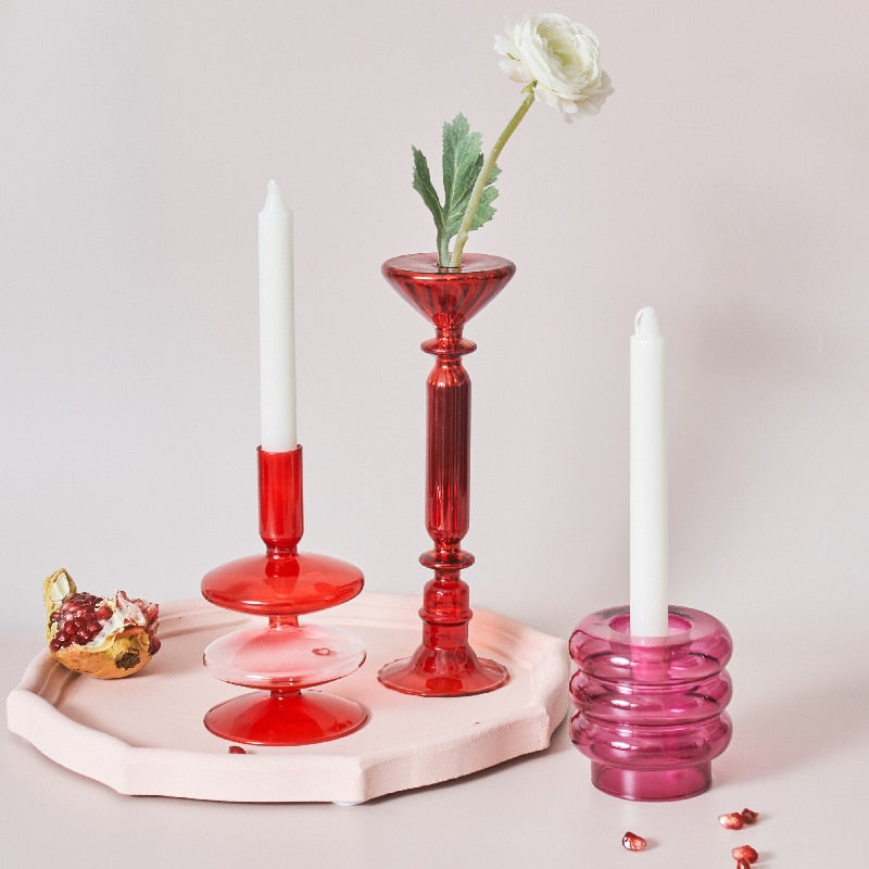 Cherry Red Glass Stick Candle Holder & Vases