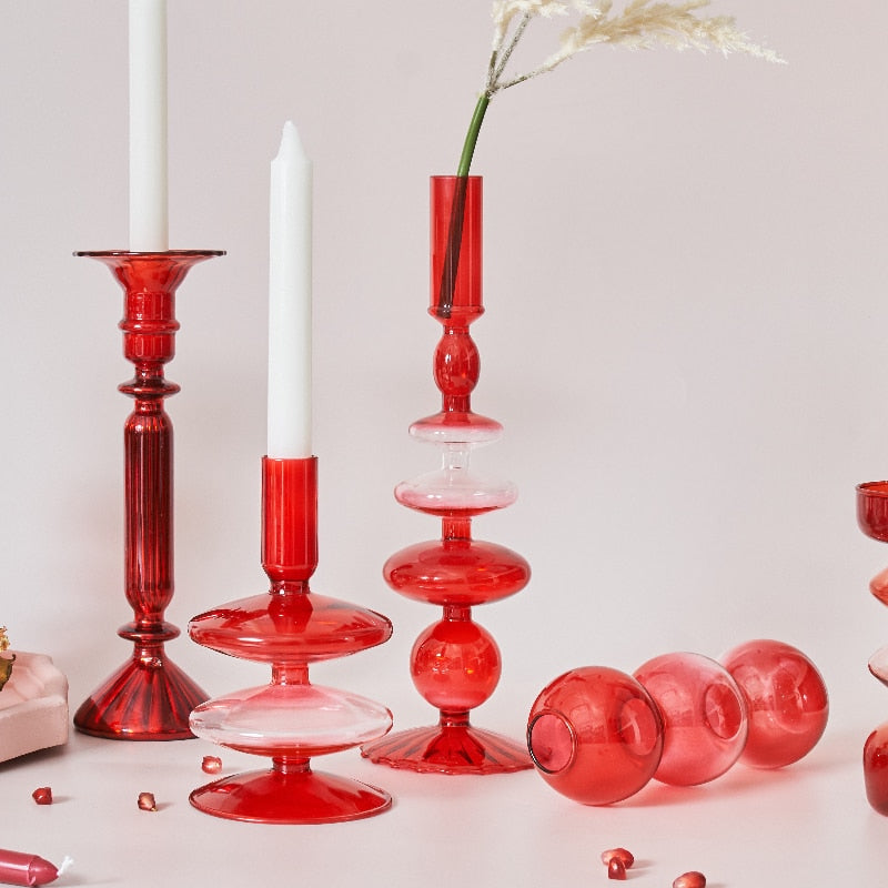 Cherry Red Glass Stick Candle Holder & Vases