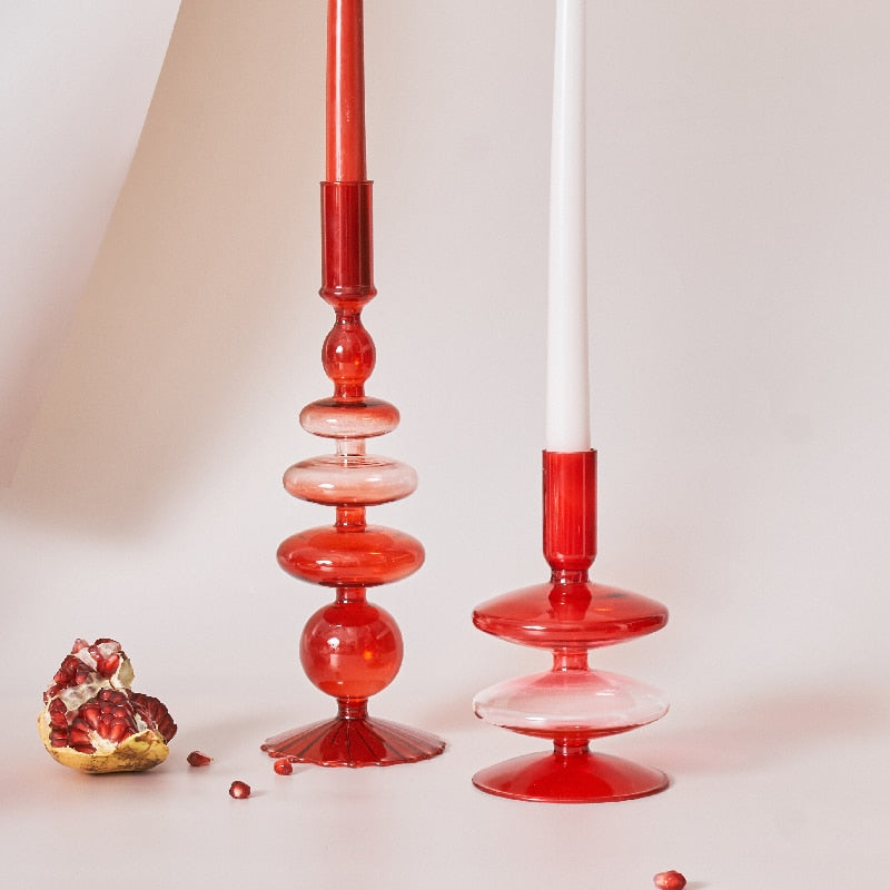 Cherry Red Glass Stick Candle Holder & Vases