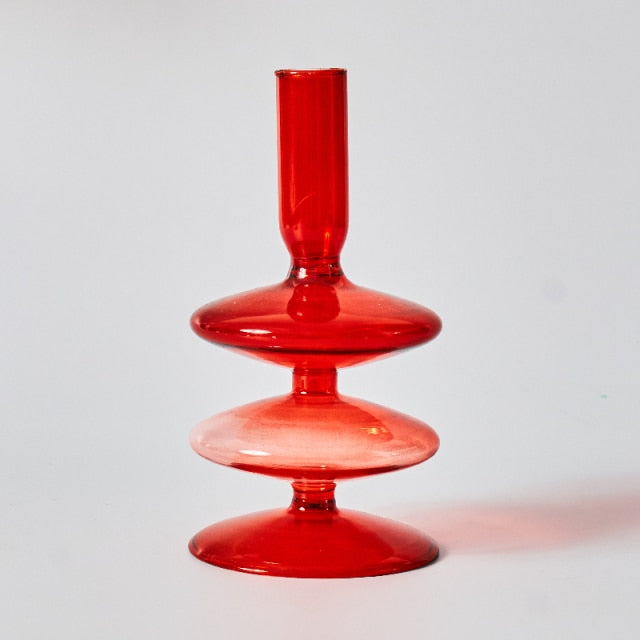 Cherry Red Glass Stick Candle Holder & Vases