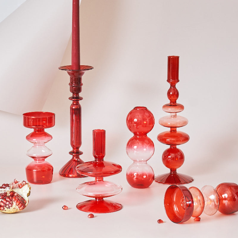 Cherry Red Glass Stick Candle Holder & Vases