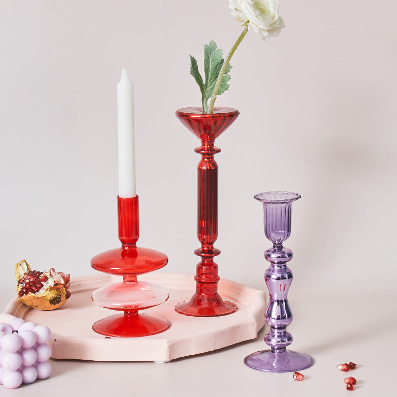 Cherry Red Glass Stick Candle Holder & Vases