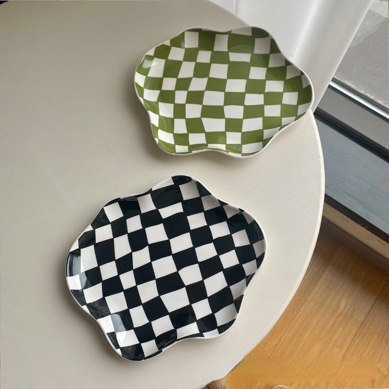 Wavy Edge Checkerboard Tray - Black, Green