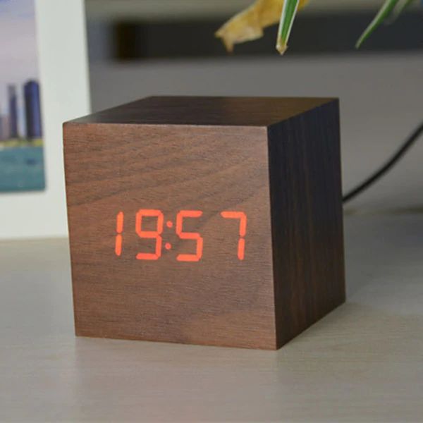 Digital Clock Cube in Modern Wood Design