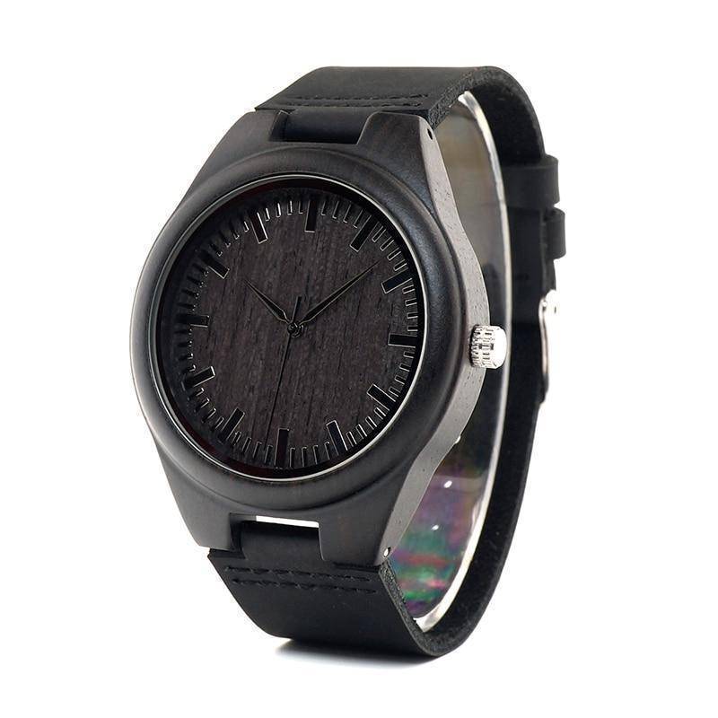 Mens Black Wooden Watch With Real Leather - Quartz, Natural Ebony Wood