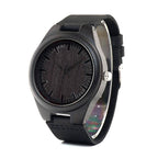 Mens Black Wooden Watch With Real Leather - Quartz, Natural Ebony Wood