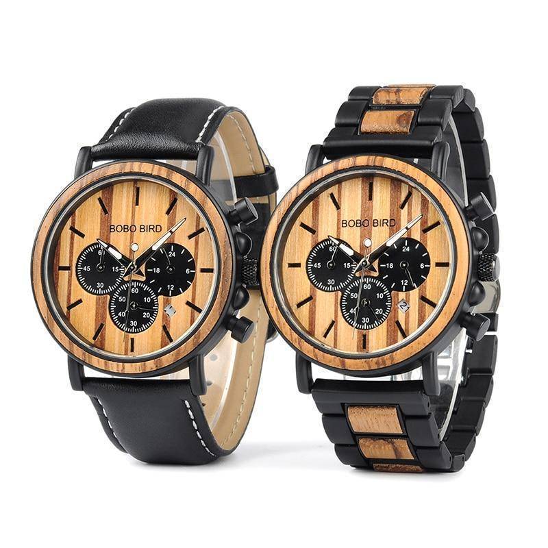 Wood and Stainless Steel Wooden Watch w/ Luminous Hands Mens Quartz Wristwatch
