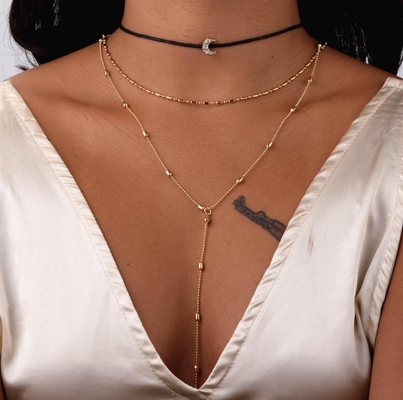 Multi Layered Boho Moon Pendant Hanging Necklace