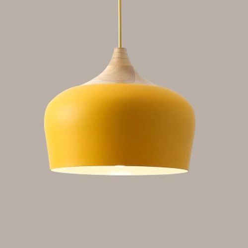 Pendant lights made of metal and wood in delicate pastel shades