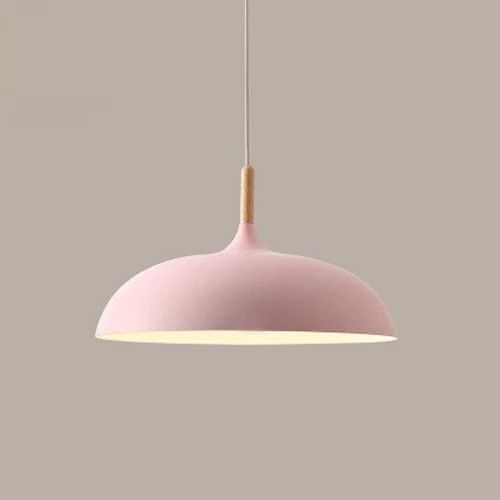 Pendant lights made of metal and wood in delicate pastel shades