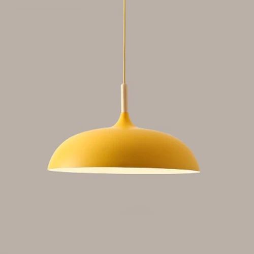 Pendant lights made of metal and wood in delicate pastel shades