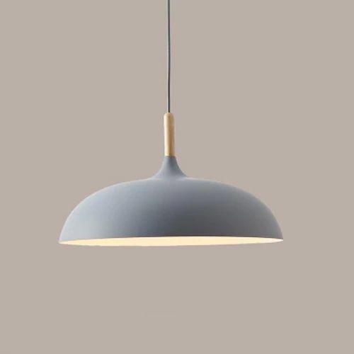 Pendant lights made of metal and wood in delicate pastel shades