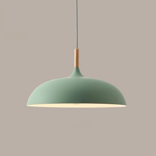 Pendant lights made of metal and wood in delicate pastel shades