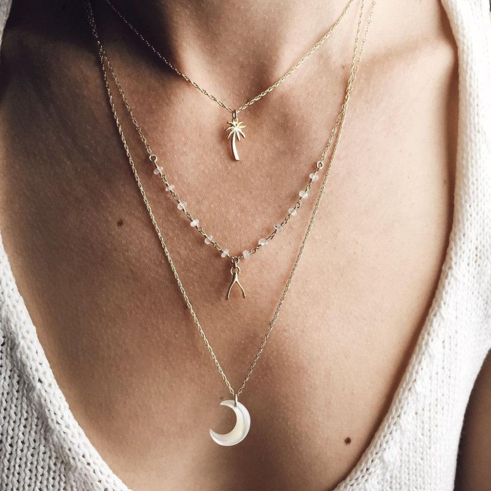 Multi Layered Boho Coconut Tree, Wish Bone, Moon Pendant Necklace
