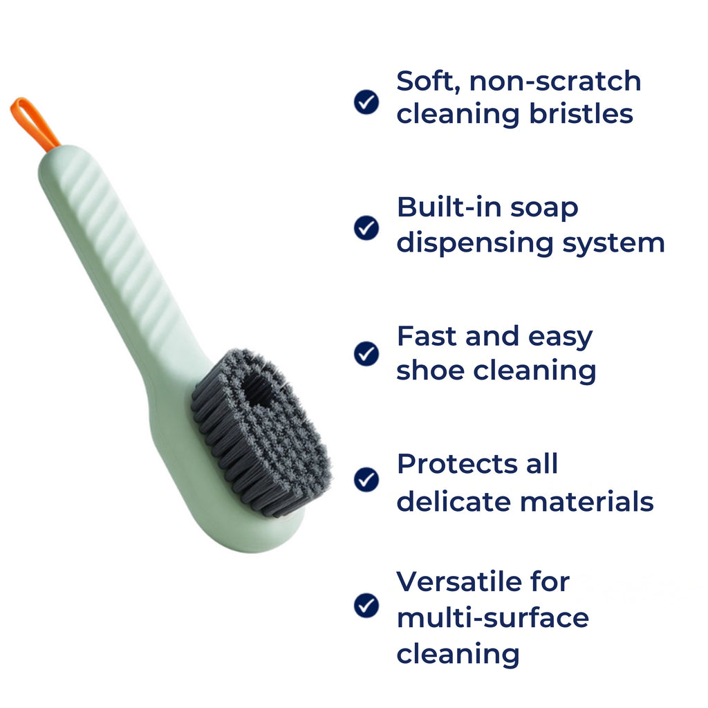 Built-in Soap Dispenser – Soft Non-Scratch Bristles – Quick Shoe Cleaning – Protects Delicate Materials