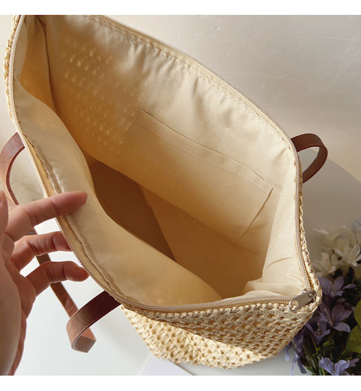 Rattan Woven Bag with Leather Straps - SummerBreeze Tote
