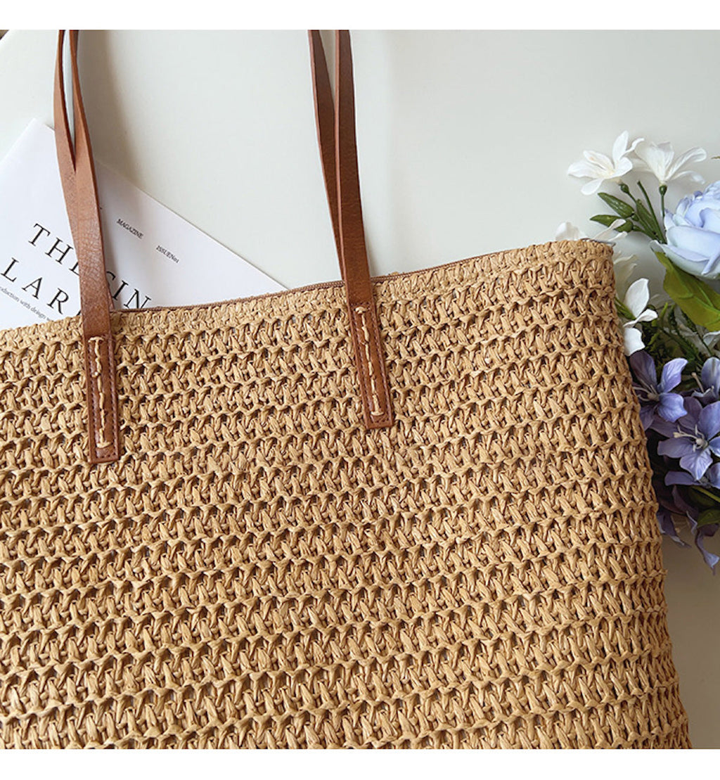 Rattan Woven Bag with Leather Straps - SummerBreeze Tote
