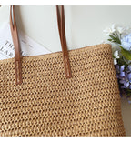 Rattan Woven Bag with Leather Straps - SummerBreeze Tote