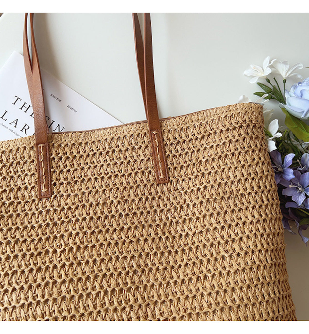 Rattan Woven Bag with Leather Straps - SummerBreeze Tote