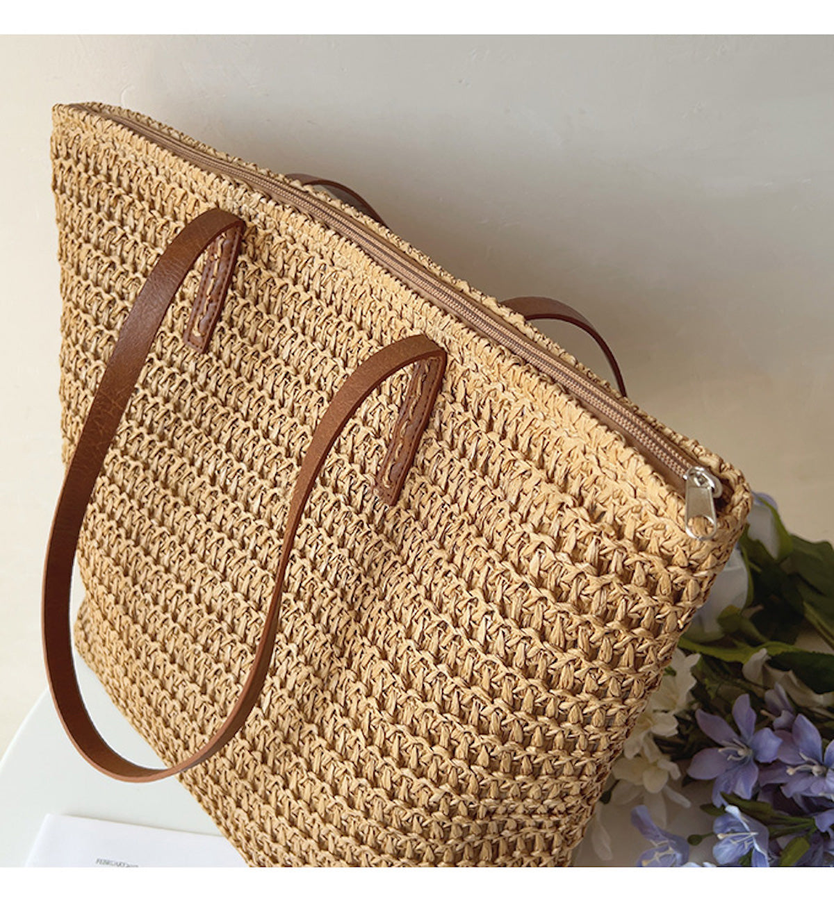 Rattan Woven Bag with Leather Straps - SummerBreeze Tote