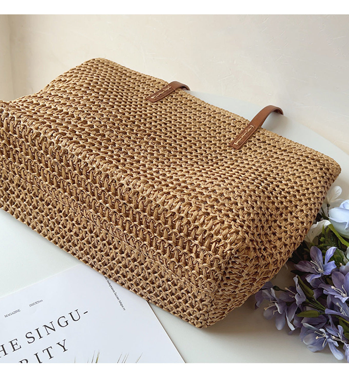 Rattan Woven Bag with Leather Straps - SummerBreeze Tote