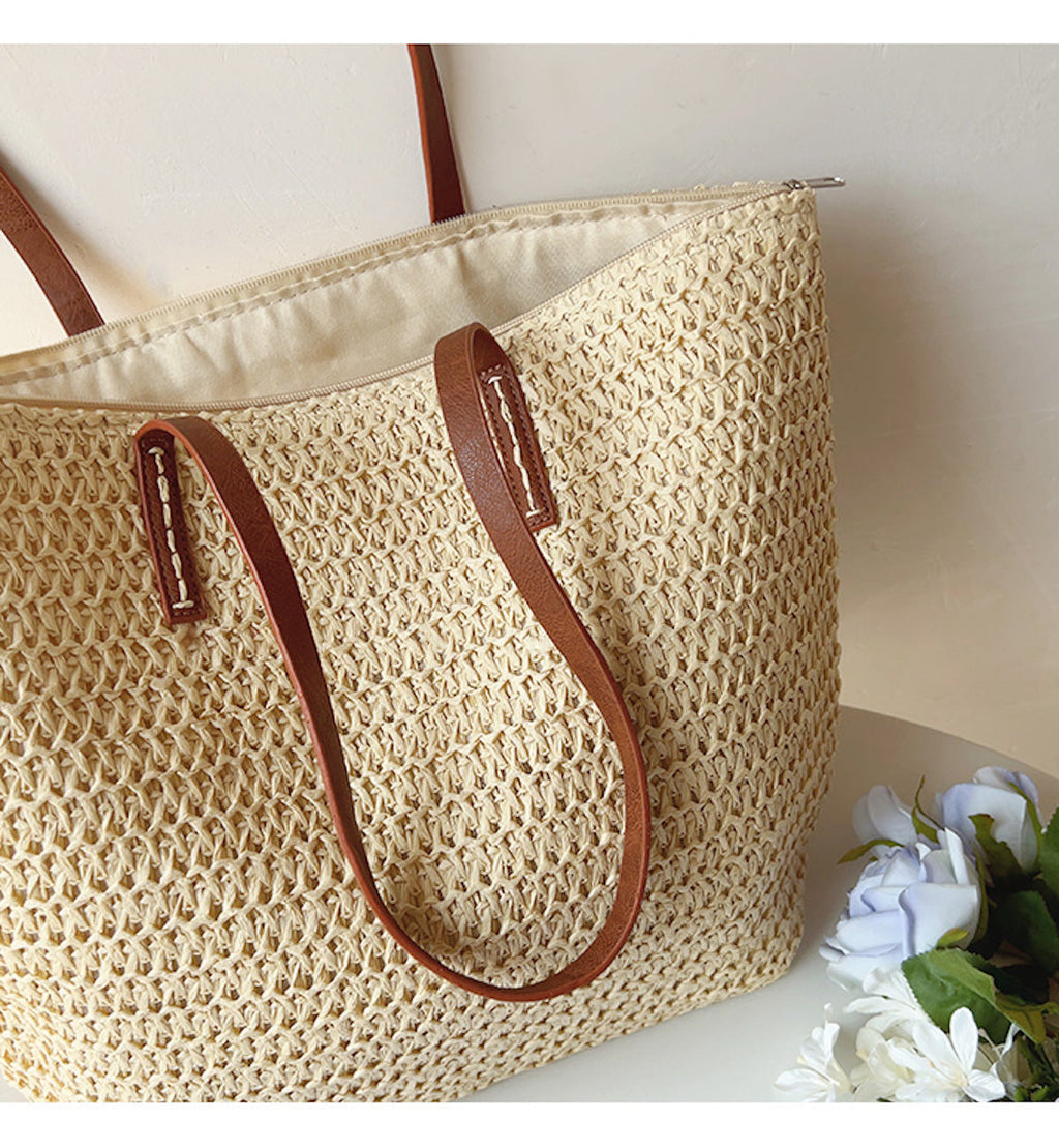 Rattan Woven Bag with Leather Straps - SummerBreeze Tote