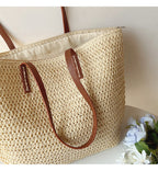 Rattan Woven Bag with Leather Straps - SummerBreeze Tote