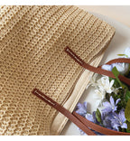 Rattan Woven Bag with Leather Straps - SummerBreeze Tote